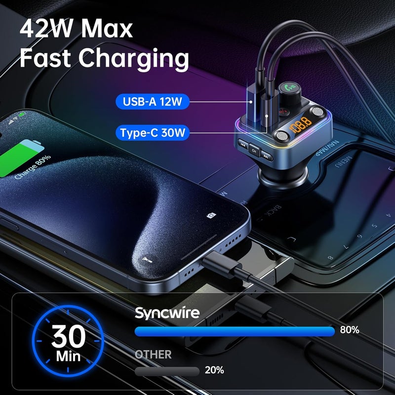 Syncwire Bluetooth 5.4 FM Transmitter Car Adapter 42W [Light Switch] [Stronger Dual Mics] [HiFi Bass Sound] [Fast Charging] Wireless FM Radio Music Adapter Hands-Free Calling Support USB Drive, Blue - Image 3
